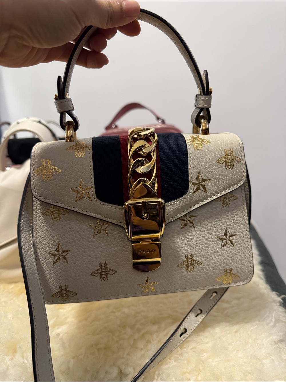 Gucci White Bee-Print Mini Top Handle Crossbody with Navy-Red Web